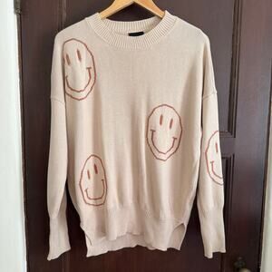MIOU MUSE | Tan Smiley Face Crewneck Oversized Sweater | Small Happy Face